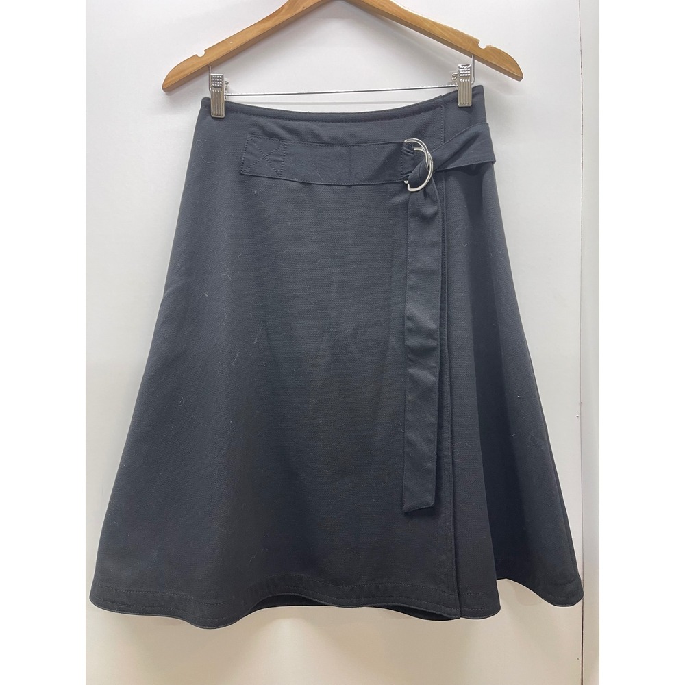 Ann Taylor Black A-Line Skirt D-Ring Belted Textured Knee Length Size 2